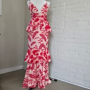 Chicways Tropical Floral Resortwear Maxi Dress┃Peplum & Mermaid Tiered Ruffle
